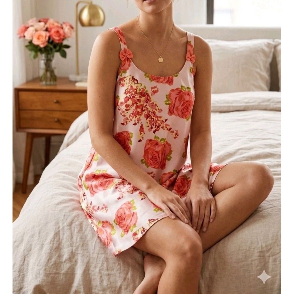 VTG Women's‎ Sante Classics Floral Silky Slip Dress Medium Coquette Bows Girly